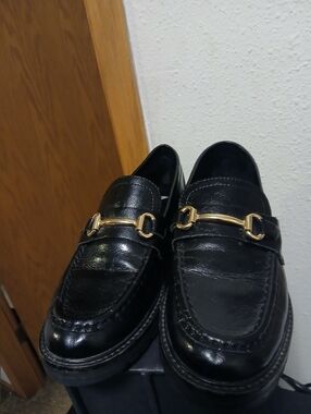 Steve Madden Mistor Black Leather Horsebit Loafers Lug Sole Gold Hardware Sz 8.5